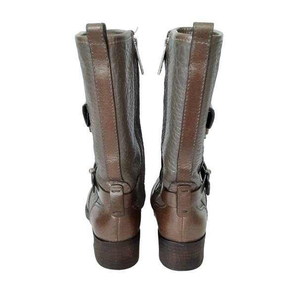 Tory Burch Leona Riding Boots Gray Pebble Leather Mid Calf Womens 5.5 Authentic - Picture 5 of 16